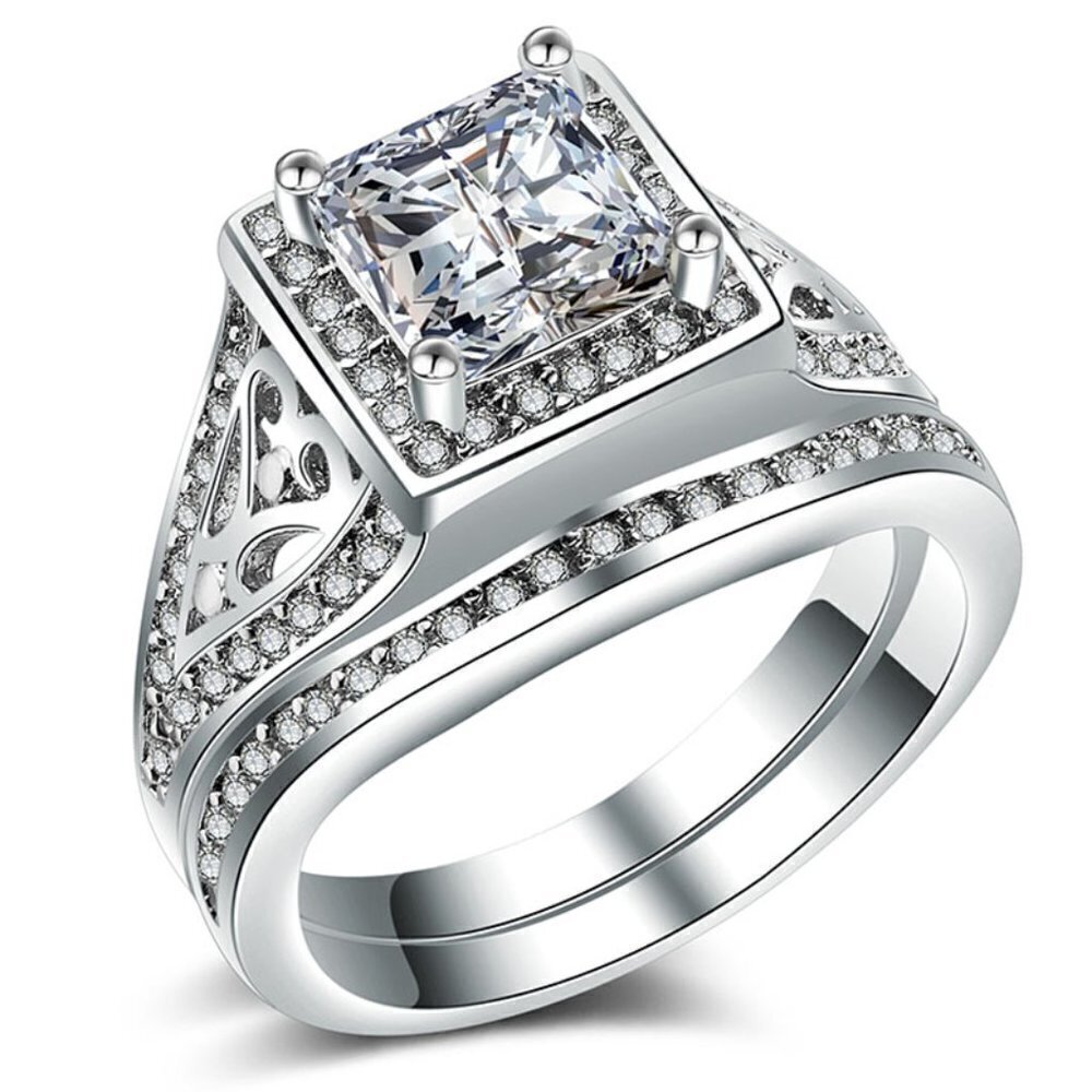 💕 925 Silver Beautiful High Cubic Zirconia Wedding Couple Ring, FB16FA1031